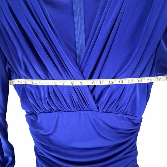 Vintage 80s Filigree Cocktail Dress Womens 10 Blue Black Ruched Drape Retro Glam - Picture 8 of 14